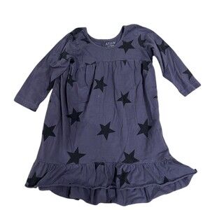 A.T.U.N Girls Dress Size 5-6 Years Gray Star Print Long Sleeve Ruffle Hem